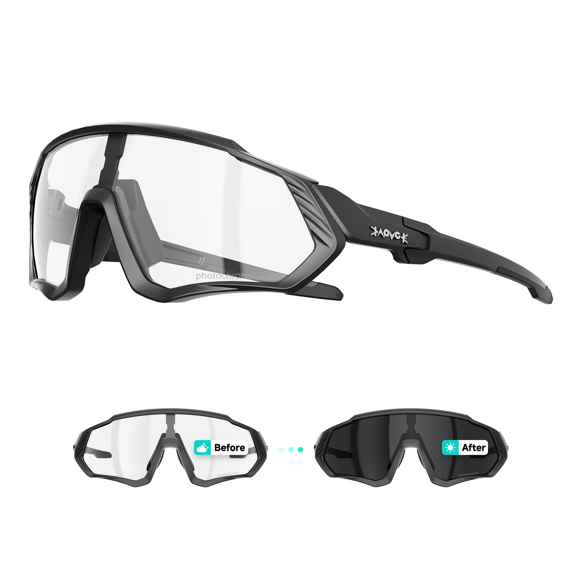KAPVOE Selbsttönende Fahrradbrille Herren Damen K9408 | TR90-Rahmen, rutschhemmende Nasenpads für Radfahren und Laufen.