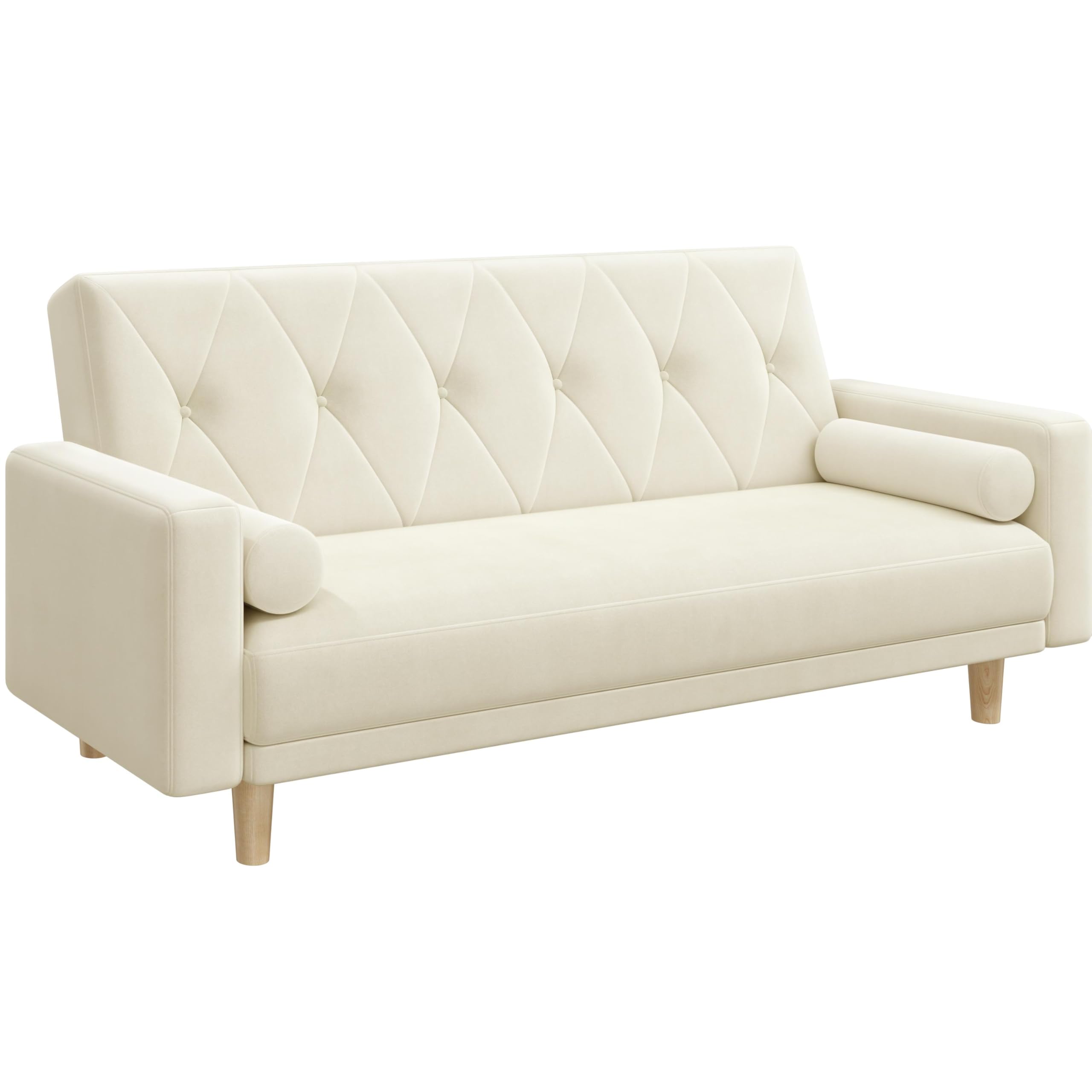 Yaheetech Convertible Sofa Bed Fabric Sofa Couch Click Clack Modern Sleeper Sofa Settee with 2 Bolster Pillows for Living Room/Guest Room Beige