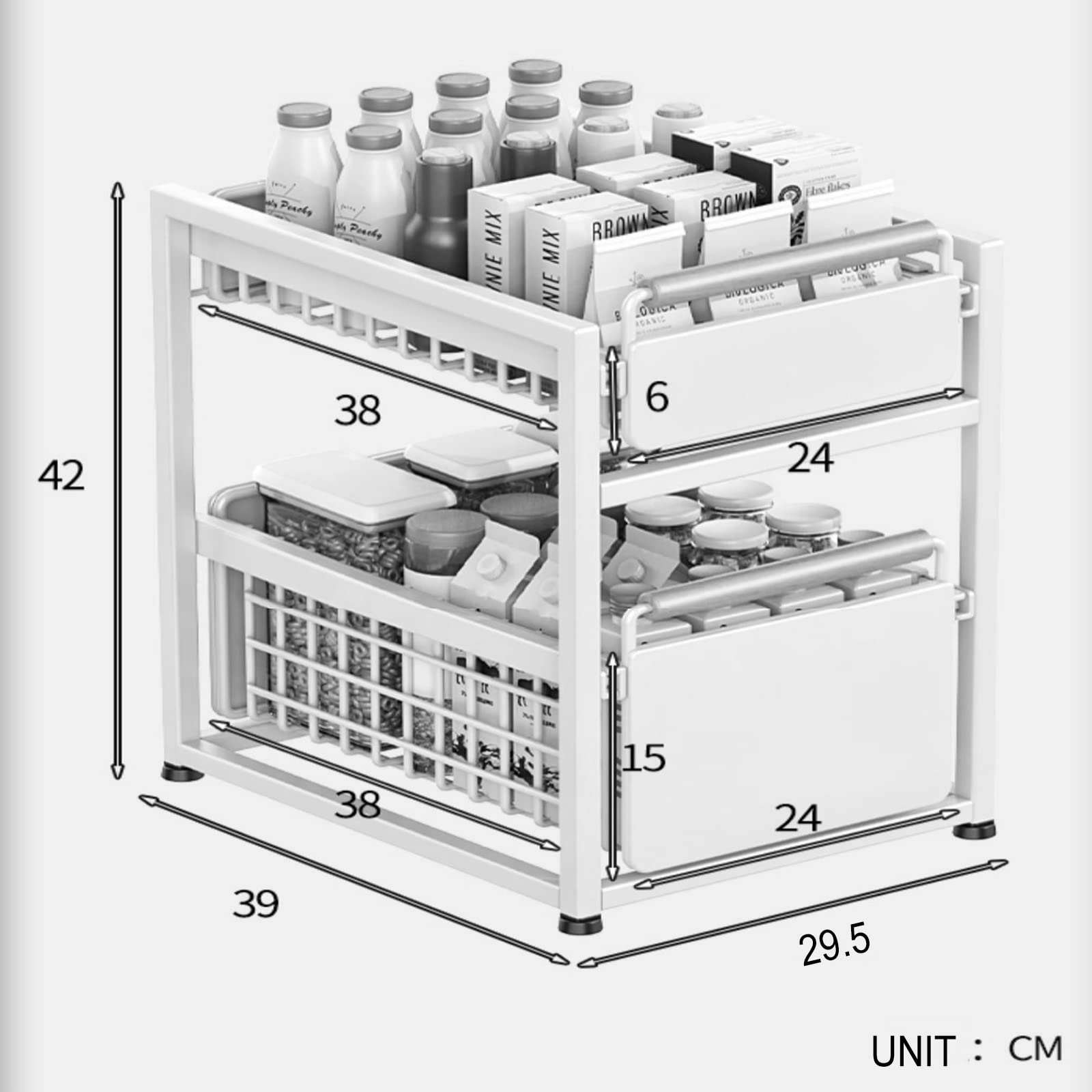 Organizer per sottolavello, mensola scorrevole per armadio da cucina, regolabile, organizer salvaspazio, bianco, 24,5 x 39 x 42 cm, elementi essenziali per la casa