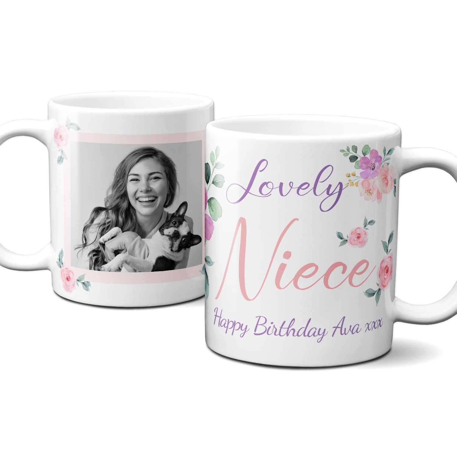 Thoughtful Gifts Personalized Niece Mug, Ceramic Floral Photo Cup, 350 ml, Dishwasher Safe, Christmas Birthday Gift