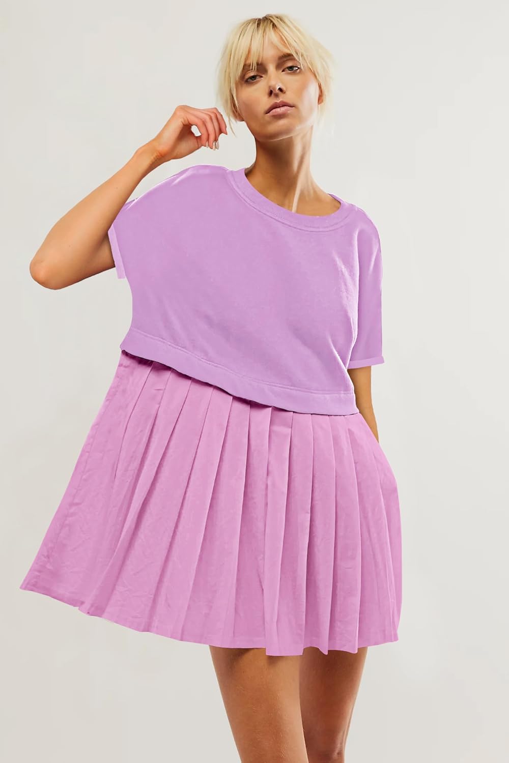 SAUKOLE Womens Summer Crew Neck Short Sleeve Dress Patchwork Pleated A Line Beach Boho Mini Dress