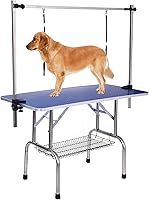 Vista 9 de Mesa profesional de aseo para perros y mascotas, ajustable, resistente, portátil, con brazo y lazo y bandeja de malla (42 pulgadas, azul)