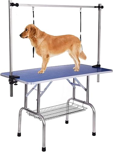 Miniatura 9 de Mesa profesional de aseo para perros y mascotas, ajustable, resistente, portátil, con brazo y lazo y bandeja de malla (42 pulgadas, azul)