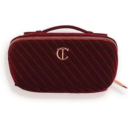 Charlotte Tilbury Travel Makeup Bag of My Dreams - Quilted Velvet Skincare, Fragrance & Cosmetic Organizer with 5 Compartments, Zip Pocket & Top Handle - Iconic Night Crimson Toiletry Bag