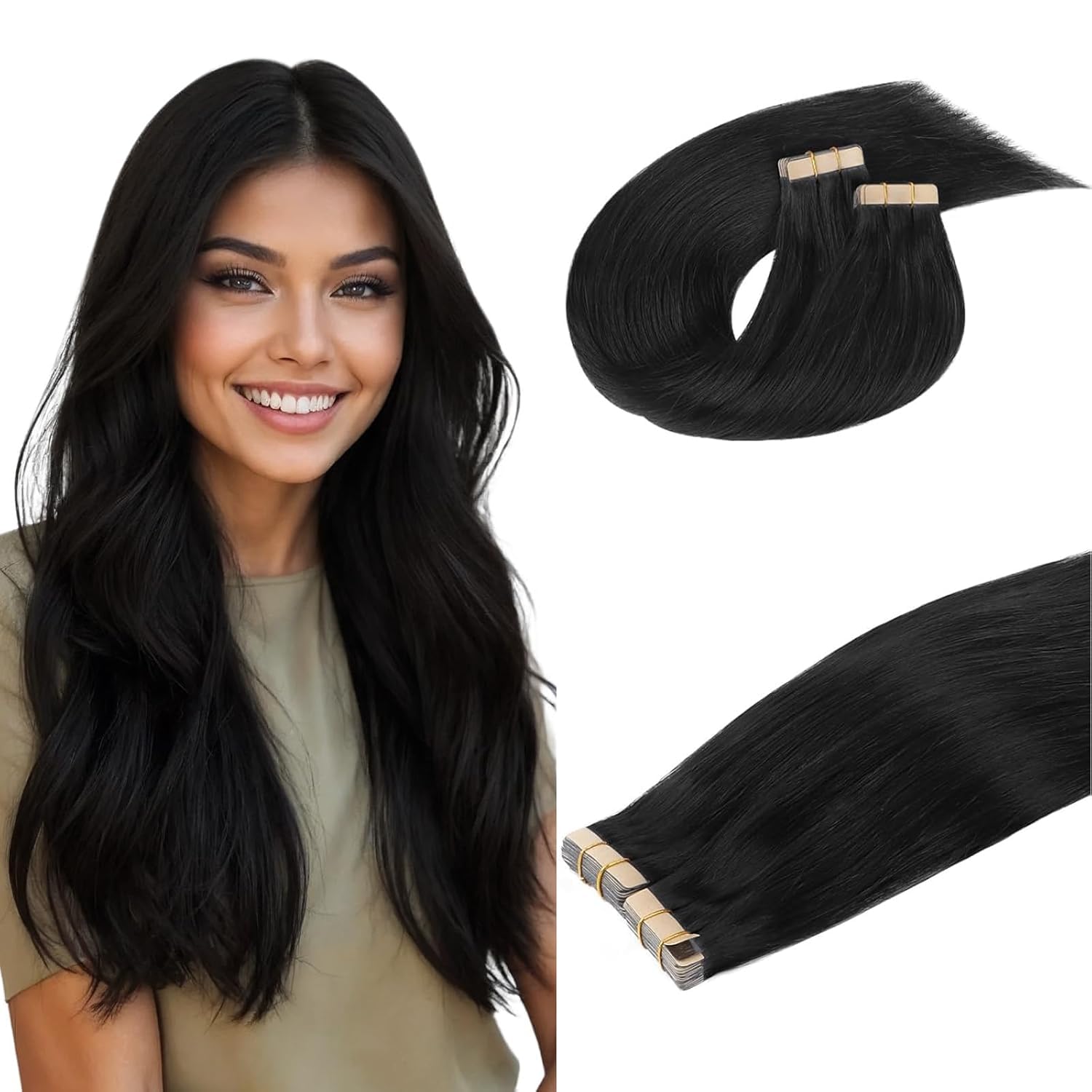DOORES Tape Extensions Echthaar Hair Extensions Tape in Full Thick Ends Haarteil für unsichtbare Remy Haar Natural Hair