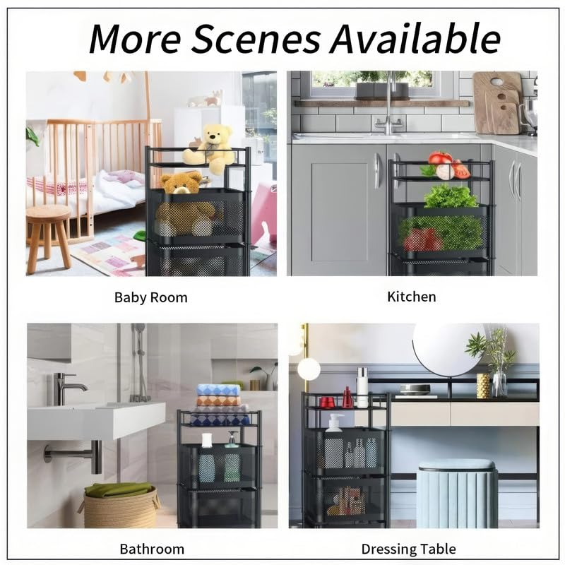 Image of flymore Metal Kitchen Trolley Square Onion Baskets for Storage,Kitchen Accessories Items&Vegetable Basket for Kitchen Organizer Items&Storage Portable Kitchen Accessories with Wheels(Black,Layer-2)