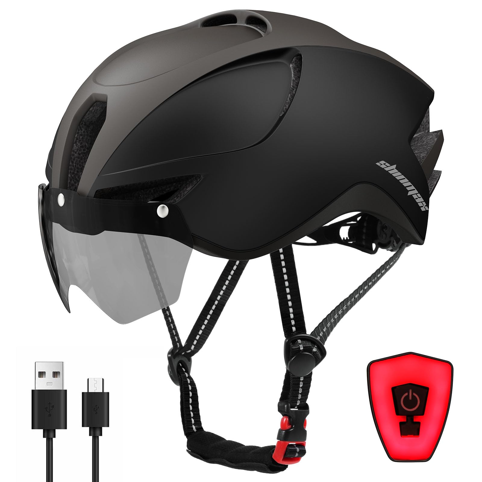 Shinmax Casco Bicicleta Adulto con Visera Magnética Casco MTB con Luz LED Recargable & Cuerda de Seguridad Reflectante Casco Bici Hombre Mujer Casco Bicicleta Montaña Ciclismo Carretera Tamaño 57-62CM