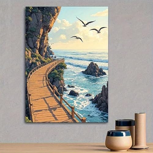GOSRD Canvas Print Serene Seaside Wall Art Coastal Landscape With Birds & Cliff Walkway Vibrant Colors(70x100CM/Frameless)