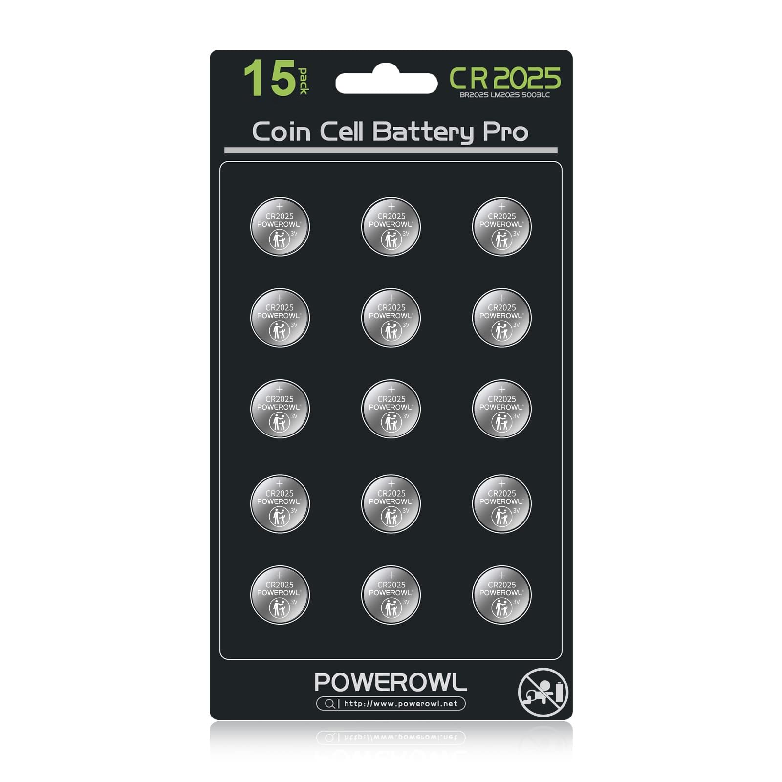 POWEROWL High Capacity CR2025 Battery (15-Pack) 2025 3v Lithium Batteries, 10 Years Leak-Free