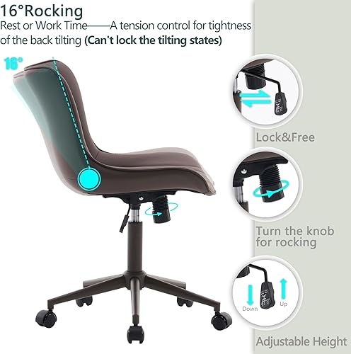 Miniatura 6 de YOUTASTE Silla de oficina sin brazos marrón, moderna silla de escritorio giratoria ajustable con ruedas, piel sintética tapizada, patas de metal