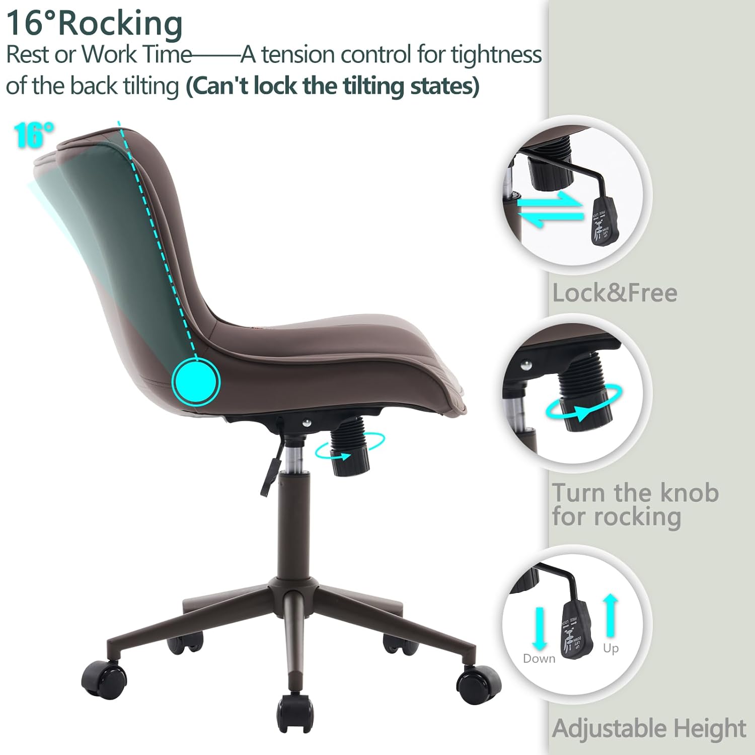 YOUTASTE Adjustable Office Chair, Leather Computer Desk Chair Ergonomic Armless Swivel Chairs with Wheels for Home Office, Modern, Overall Brown - Image 4