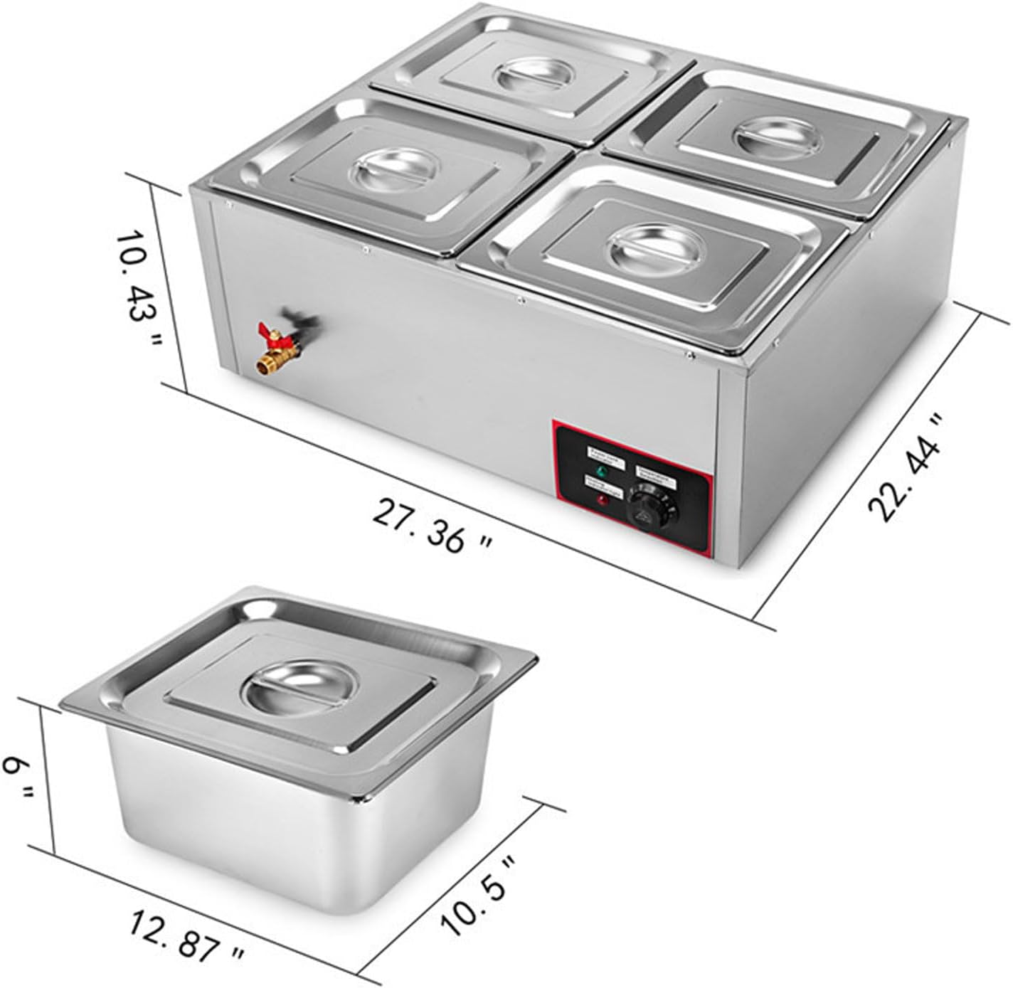 Dimensions of the YDBMY Commercial Food Warmer and a single food pan