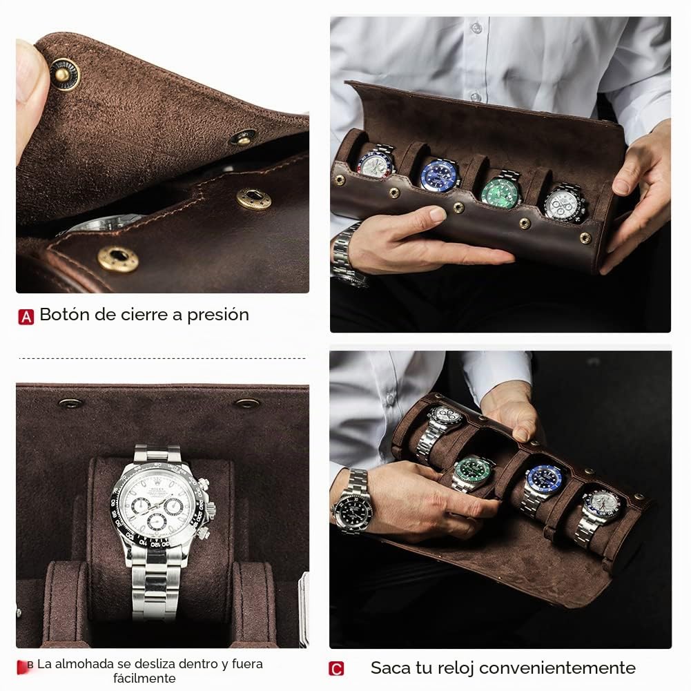Caja Relojes Organizador, Funda de Cuero Genuino Hecha a Mano, Estuche de Viaje Relojero con 4 Ranuras, con Diseño de Montaje de Cojín Extraíble, Marrón