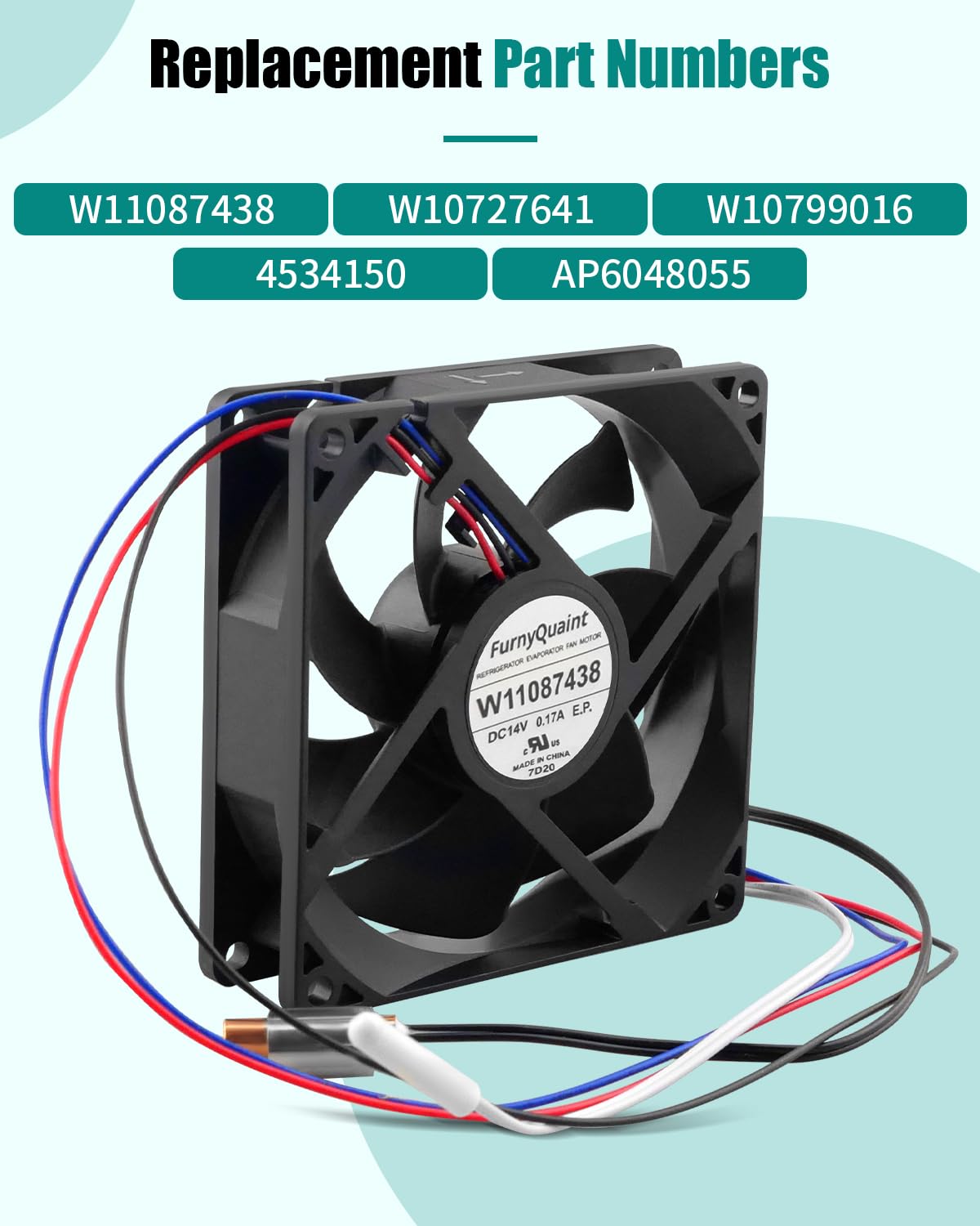 W11087438 Refrigerator Evaporator Fan Motor Fit for Whirlpool, for Maytag, for KitchenAid, for Jenn-Air, for Kenmore Refrigerators Replaces W10727641, W10799016, 4534150, AP6048055, PS12070640