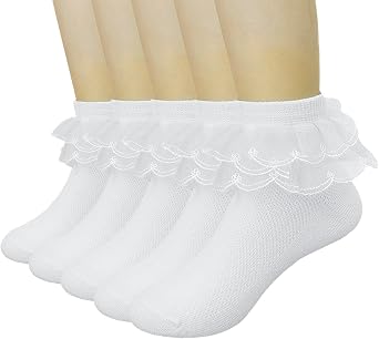 4/5/6 Pack Baby Toddler Girls Ruffle Socks White Princess Eyelet Frilly Lace Ankle Cotton Dress Socks for Little/Big Kids