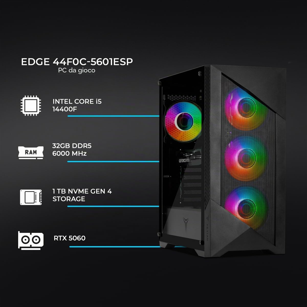 YEYIAN Gaming PC EdgeESP | Intel i5-14400F 10 core (4,7 GHz OC) | NVIDIA RTX 5060 8 GB GDDR7 | 32 GB DDR5 6000 MHz | SSD NVMe Gen4 1 TB | Windows 11 Pro