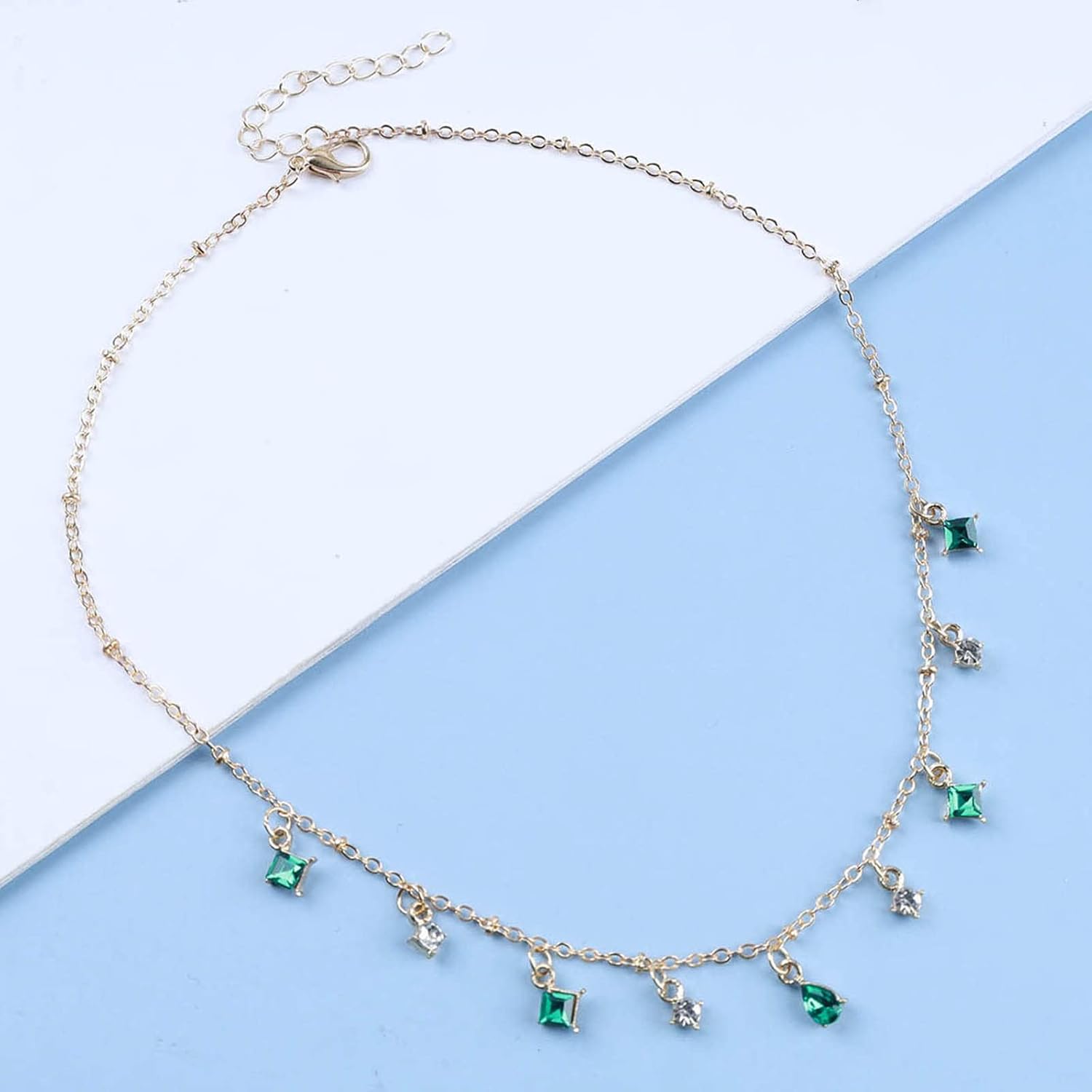 Vintage Tiny Emerald Dangle Necklace Green Emerald Choker Necklaces Tiny Dangle Square Necklaces Gold Cz Crystal Collar Necklace Jewelry for Women - Image 4