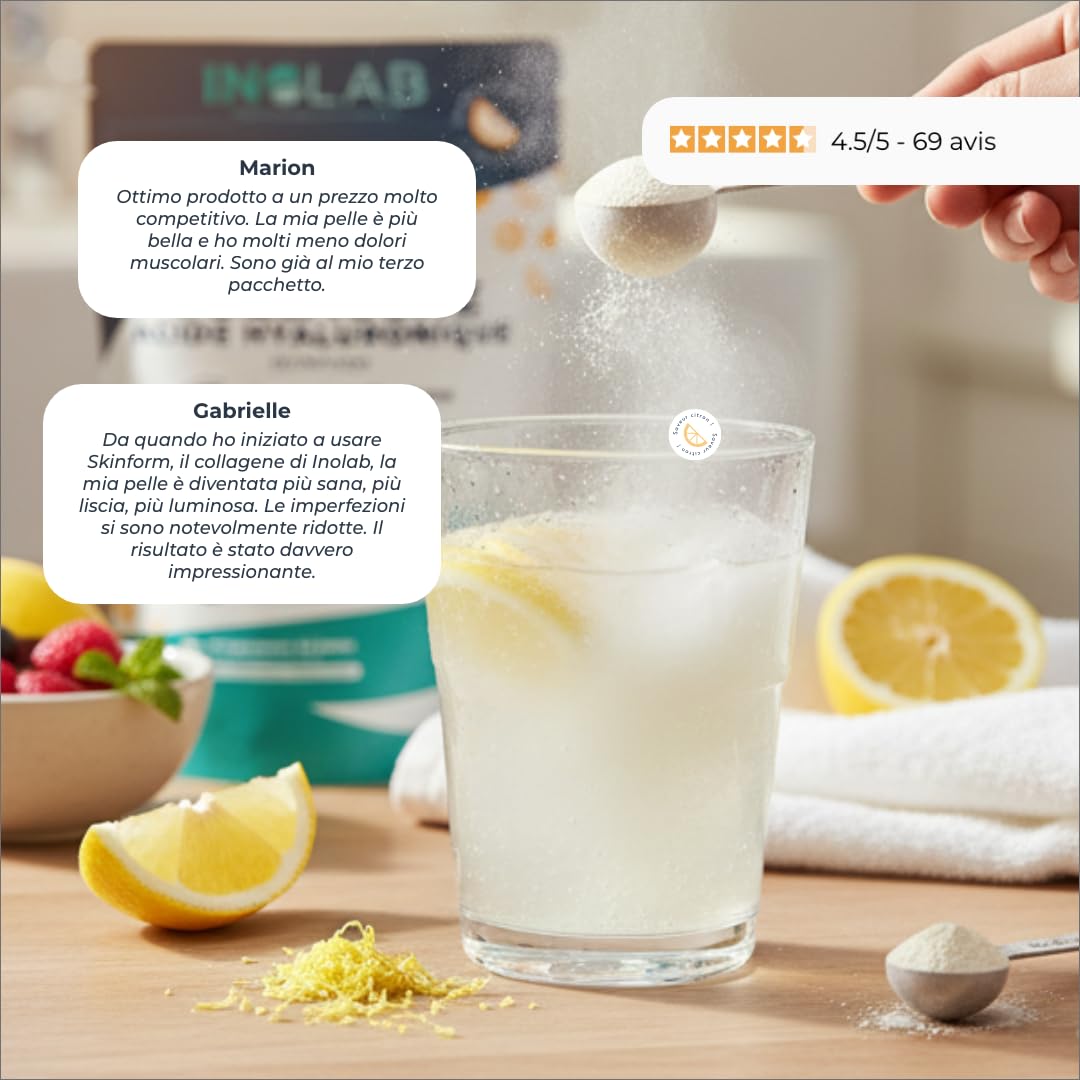 INOLAB collagene marino con acido ialuronico | Peptidi di Collagene idrolizzato 2000 Da | Collagene da bere in Polvere con Vitamina C Naturale | 45 Dosi 242g | Aroma naturale Limone