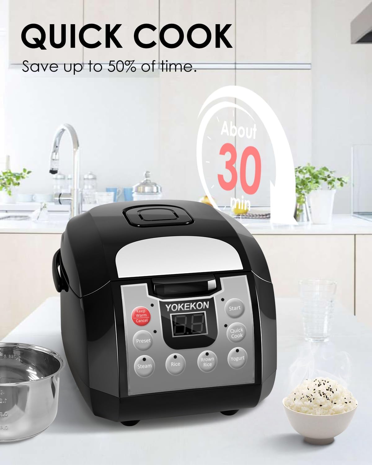 Rice cooker with 'Quick Cook' text and a timer showing 'About 30 min'