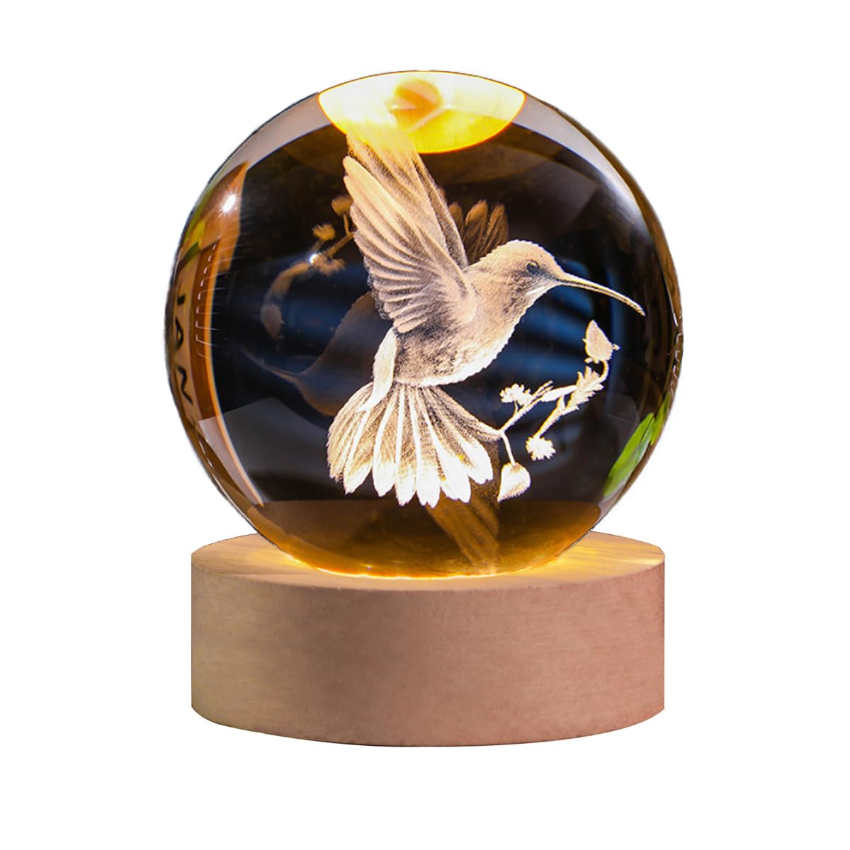 3D Laser Engraved Bird Crystal Ball with LED Stand, 60mm Hummingbird Figurine Lamp Night Light, Glass Hummingbird Globe Paperweight Gift