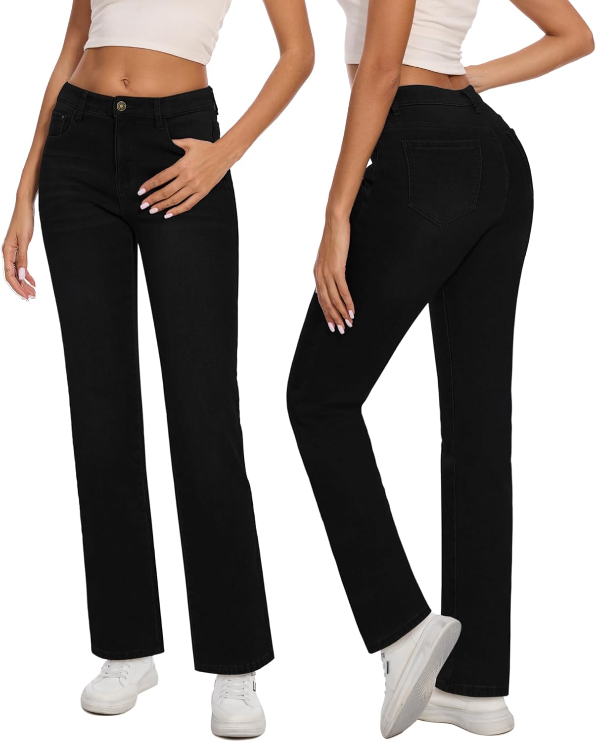 Women Fleece Lined Jeans Women's High Waisted Straight Leg Jeans Winter Fleece Lined Jean Pants - Image 3