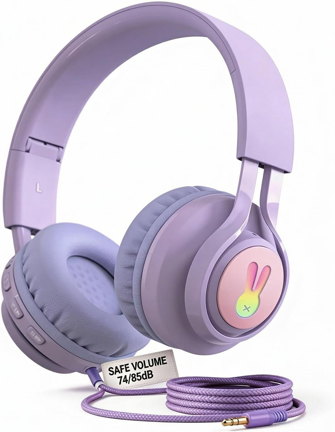 LED Light Up Kids Wireless Headphones - Wired/Wireless Dual Mode with Mic - Safe 85dB Volume Limit, Ultra-Lightweight Bluetooth Over Ear Earphones for School, iPad - Purple Gifts for Teens Girls