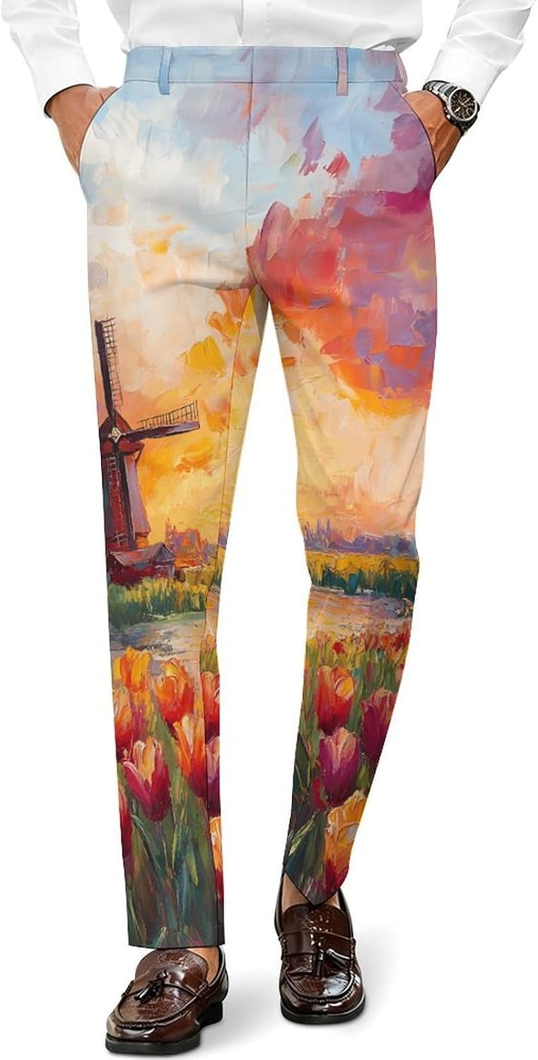 Field of Tulips and Windmill Men's Classic Fit Suit Pants Straight Leg Design Printed Trousers