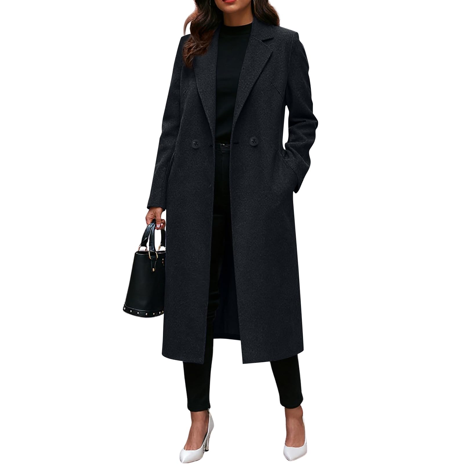 BAXLIMEK Pea Coats For Women Winter Classic Lapel Double Breasted Trench Coat Elegant Warm Long Sleeve Wool Blend