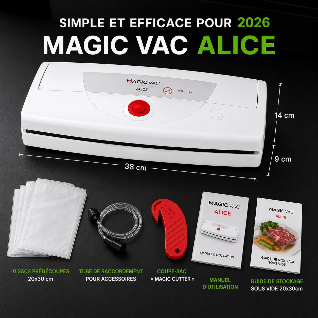 Magic Vac, Alice, Multifunktionale Lebensmittel-Vakuummaschine, Ideal für Vakuumbeutel und Behälter, mit Doppelfilter und Lebensmittel-Vakuum-Kit, Patentierte Technologie, Hergestellt in Italien, Weiß