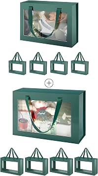 5 Green Gift Boxes with Windows, Gift Boxes with Lids and Handles 10.5x7.5x3 Inches and 13.5x9x4.1 Inches