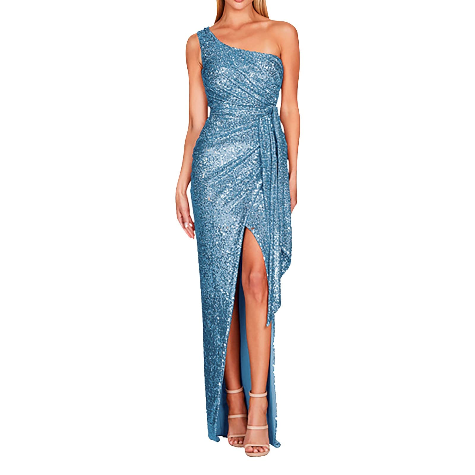 Abito Elegante Donna Lungo - Abito da Donna con Paillettes Plissettato con Spacco in Vita E Cravatta