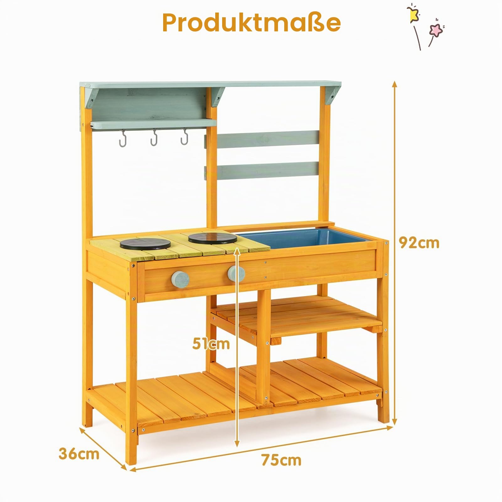 HOMASIS Matschküche Kinder Outdoor, Kinderküche mit Waschbecken Spüle Herd, Spielküche Holz, Spielzeugküche mit 3 Haken & Regalen, Holzküche Gartenküche für Kinder ab 3 Jahren (Gelb)