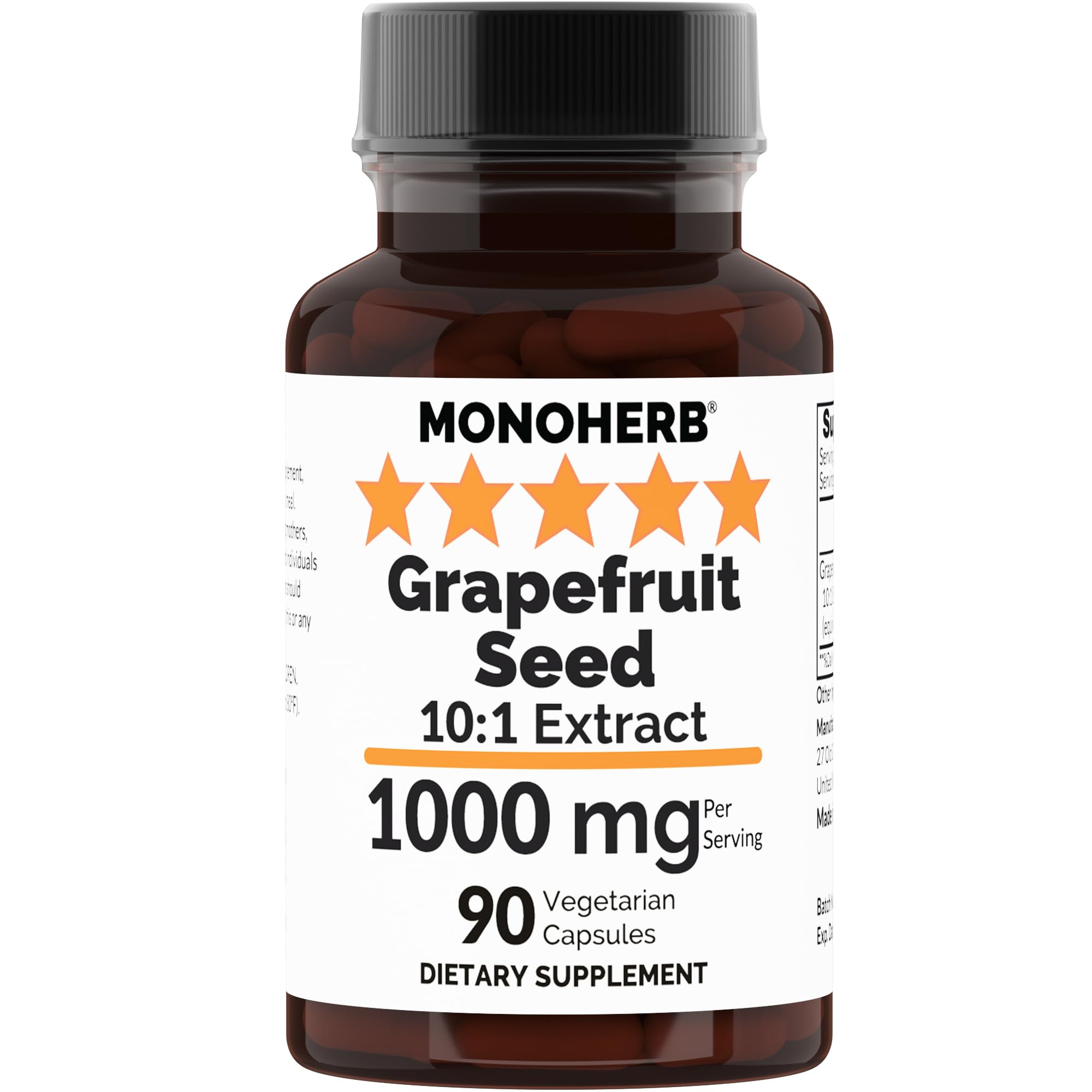 MONOHERB Grapefruit Seed 10:1 Extract - 1000 mg per Serving - Serving Size: 2 Capsules - 45 Servings per Bottle