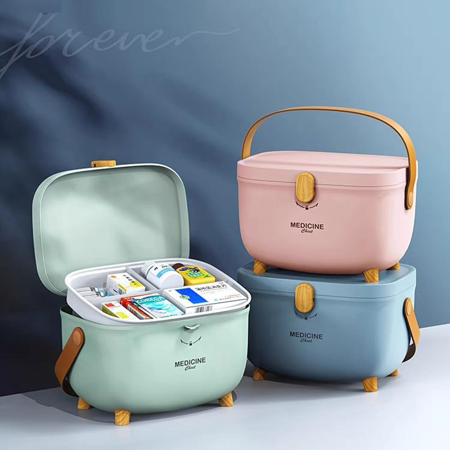 Caja para medicina, Caja organizadora para medicina 2 niveles, con mango, portátil Medicine box, para el hogar y el exterior (Verde cielo)