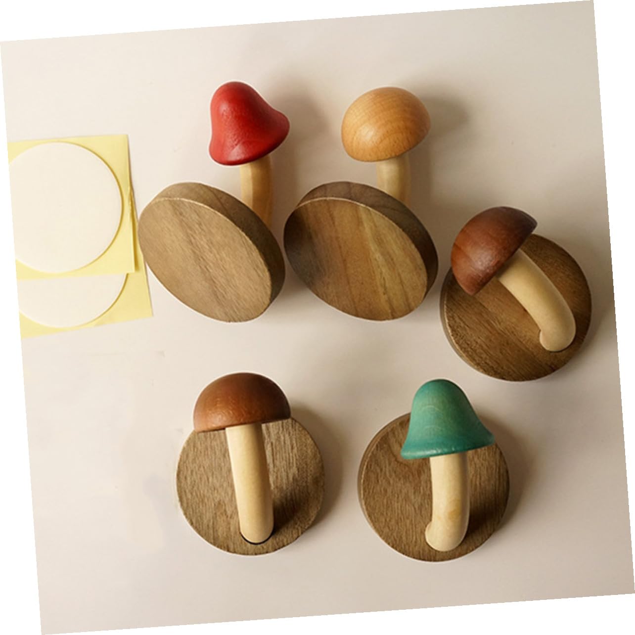 Crochets Muraux en Bois Forme Champignon sans Perçage, Lot 4 Pièces, Bois Naturel, Adhésifs, pour Salle de Bain et Chambre, Organisation Murale Multifonctionnelle