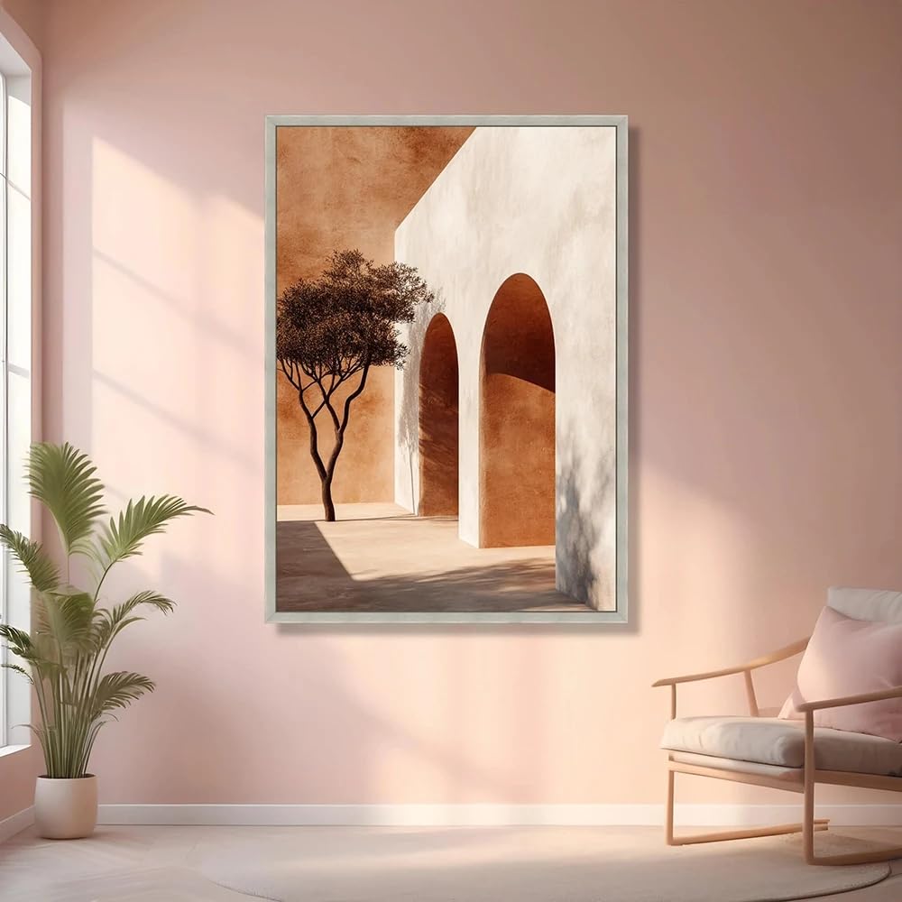 GOSRD Minimalist Mediterranean Architecture Canvas Prints Poster Rustic Wall Art Olive Tree Silhouette Warm Earth Tones Decor(50x75CM/Frameless)