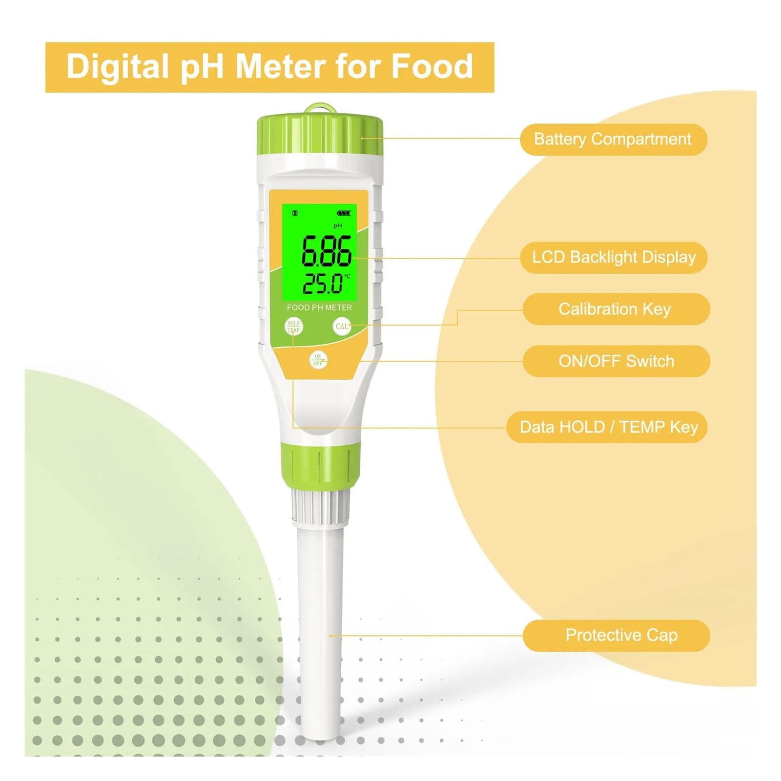 Medidor de pH de alimentos 0,00-14,00, profesional, intelinte, digital, for medir la acidez de la masa, el queso, la carne, el pan, el envasado y el agua.,Precisión mejorada(Oranje)