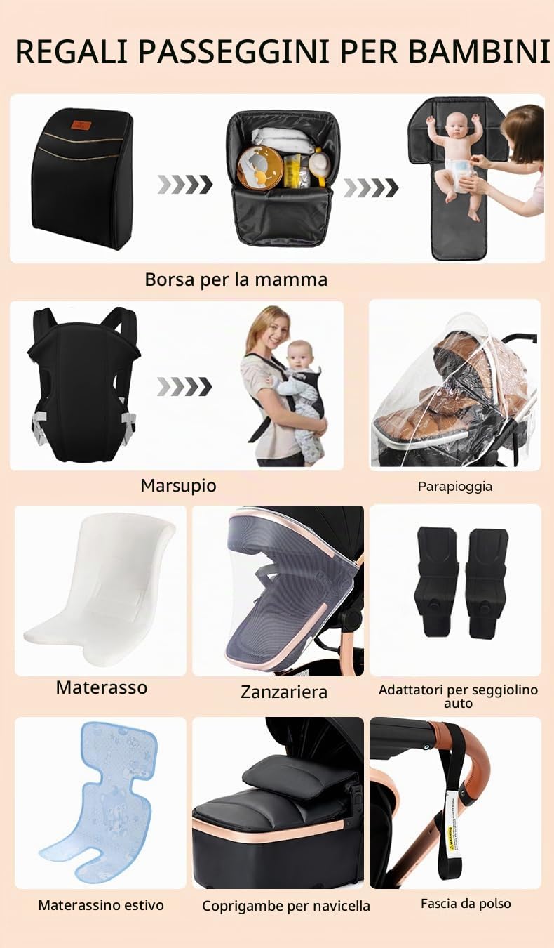 Magic ZC Pelle PU Passeggino Trio, Passeggino 3 in 1 con Doppia Modalità Push Reversibile, Trio Passeggini Neonati con Grande Navicella, Carrozzina per Neonati in Alluminio Pieghevole (L518 All Black)