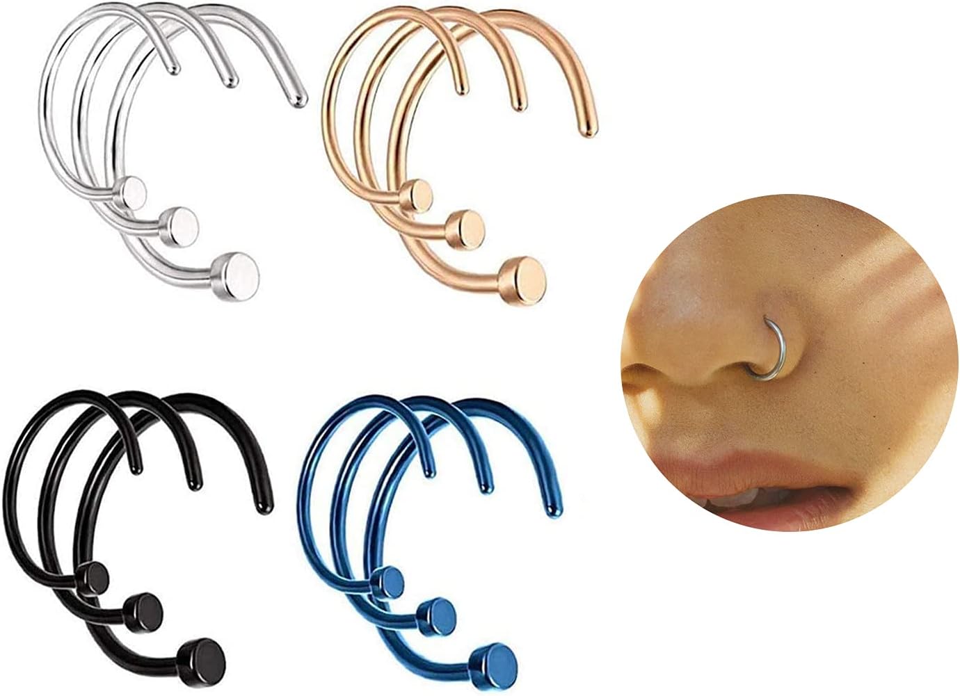LEEQ 18 Pieces 20 G C Shape Nose Ring inless Steel Nose Hoops Body Piercing Jewelry for Men Women 3 Sizes - Image 5