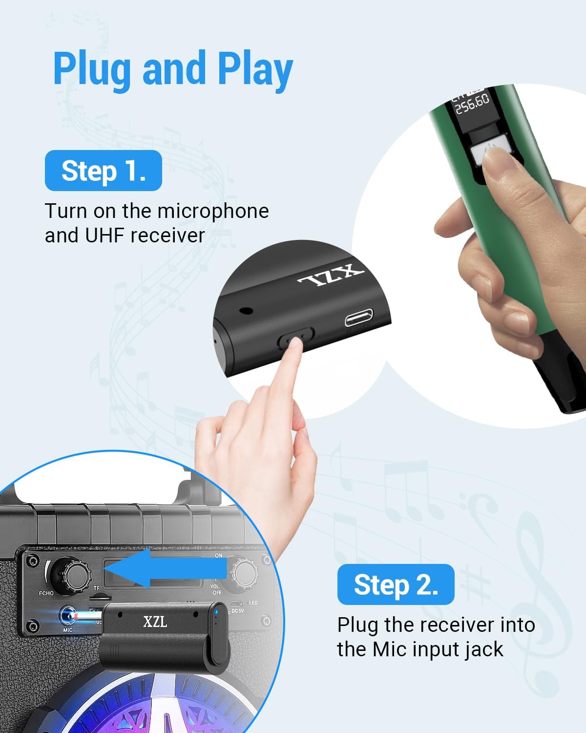 XZL UHF Wireless Microphone, Rechargeable Metal Cordless Microphones with 1/4"" Receiver, Plug-and-Play for Karaoke Singing, Stage Performance, Lecture, Wedding Host, Church, Gray&Green