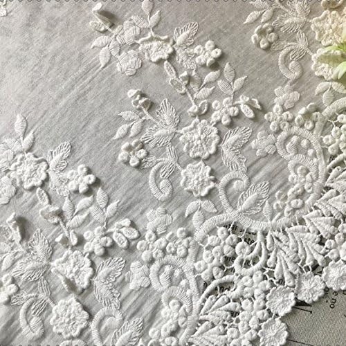 51 inches Width Ivory White Premium Vintage 3D Floral Embroidery Lace Fabric by The Yard