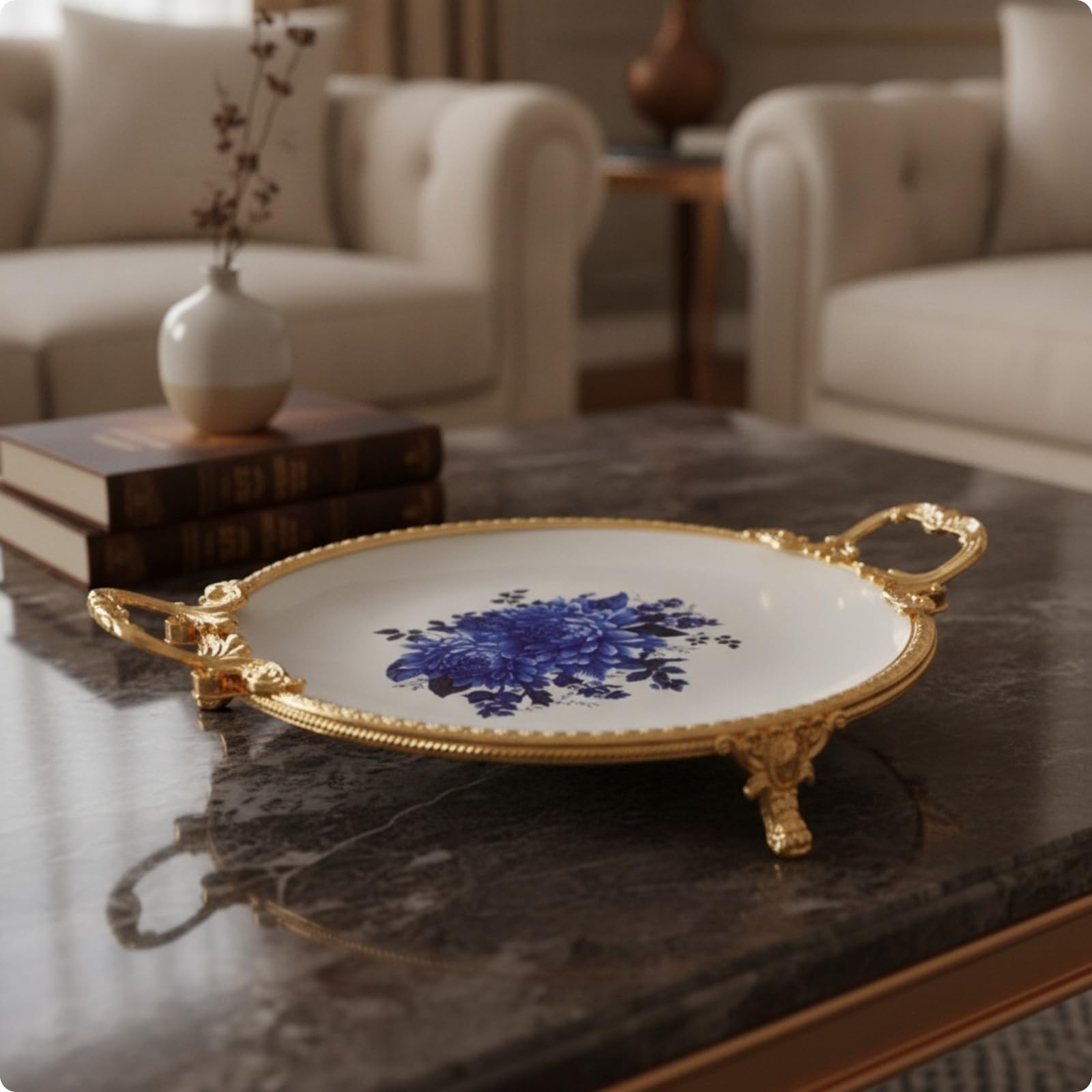 Plateau à Fruits Surélevé | Motif Floral Imprimé, Plat Présentation sur Pied, Décoratif, Vaisselle, pr Réceptions, Hôtes, Bleu