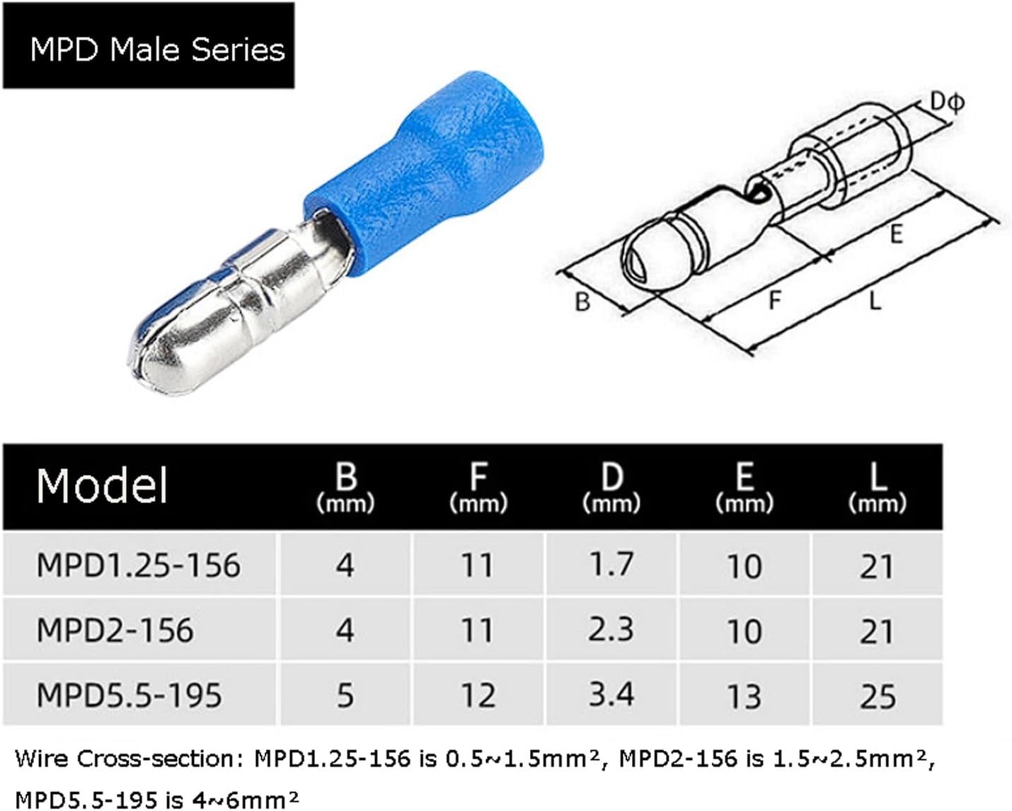 Bullet Connectors, MPD FRD Series Pre-Insulated Male Female Quick Disconnect Terminals, 100 Sets Kit 0.5-6mm² Wire Range