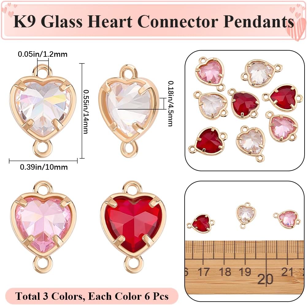 Beebeecraft 1 Box 18Pcs Heart Jewelry Connector Glass Connector Charms with Tone Brass Findings Colorful Crystal K9 Glass Small Charm Links for Jewelry Making Charms Necklaces Supplies DIY Crafts