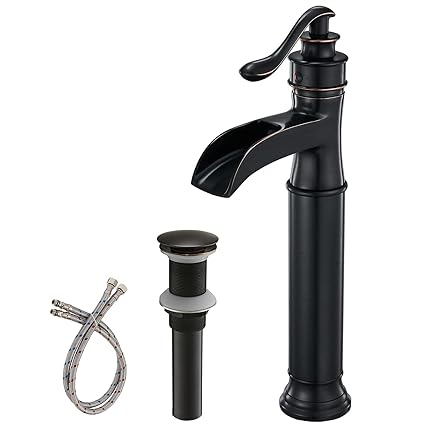 Homevacious Tall Bathroom Vessel Sink Faucet Oil Rubbed Bronze Waterfall Single Handle Lavatory With Pop Up Drain Assembly Without Overflow One Hole Commercial Mixer Tap ORB Supply Line Lead-Free