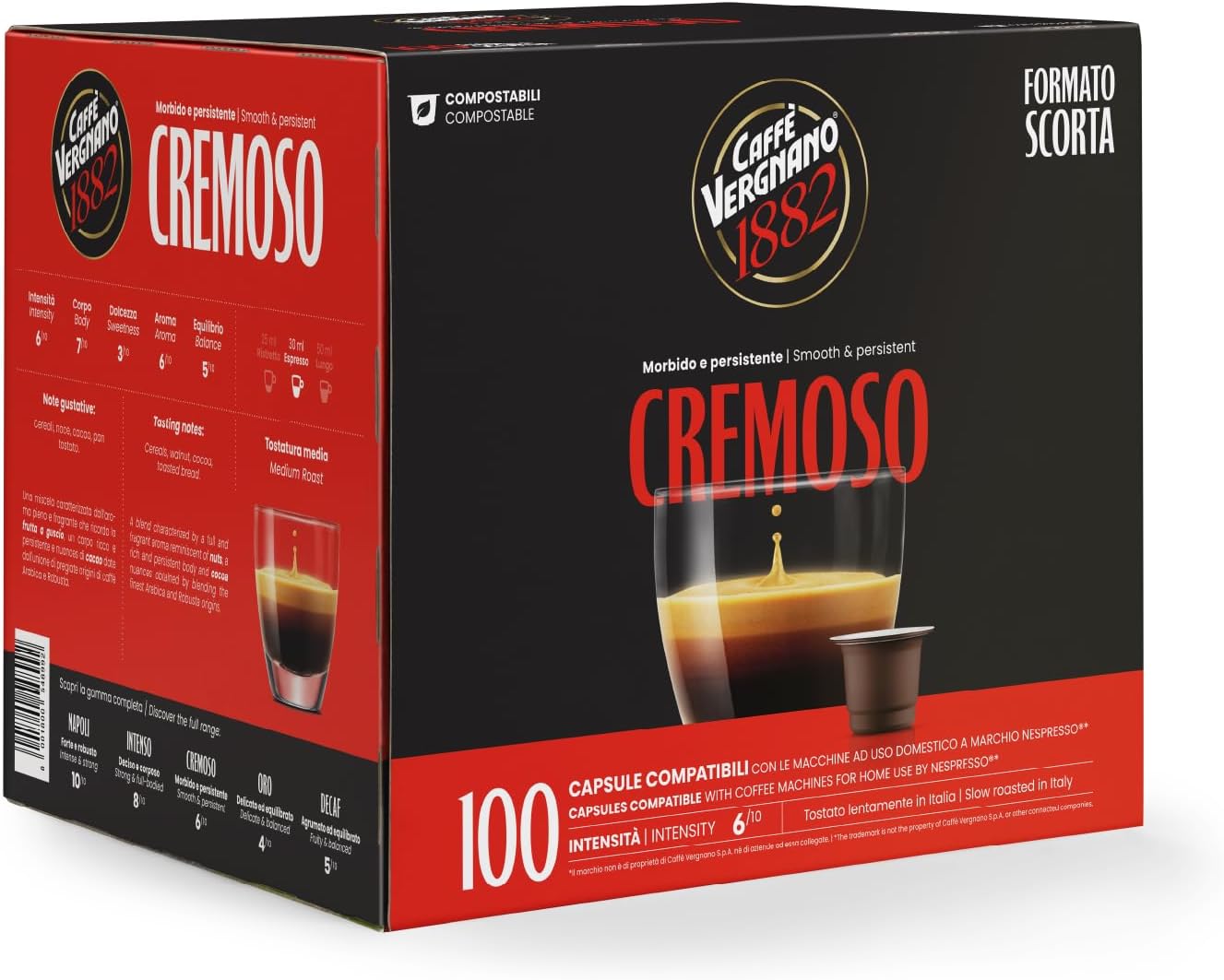 Caffè Vergnano 1882 - 100 Capsule - Caffè Compostabili e Compatibili con Nespresso, Cremoso - Pack da 100 capsule