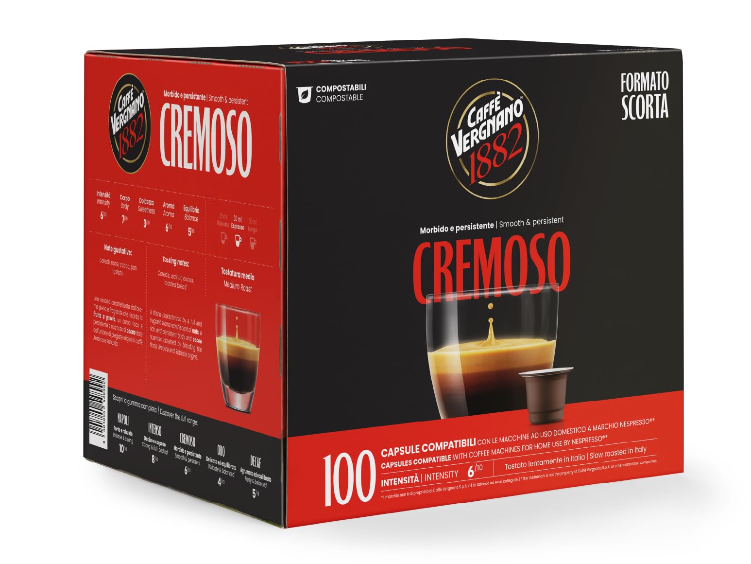 Caffè Vergnano 1882 - 100 Capsule - Caffè Compostabili e Compatibili con Nespresso, Cremoso - Pack da 100 capsule