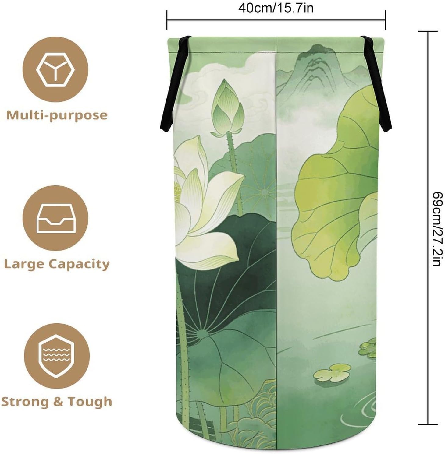 Green Lotus Pond Laundry Hamper Portable Lightweight Clothes Hampers Fashion Dirty Laundry Storage Basket Large Capacity Foldable Clothes Baskets for Bathroom Bedroom