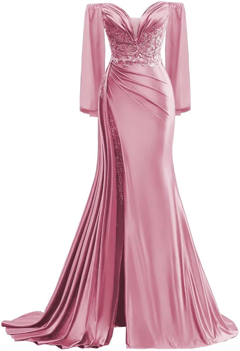 Long Sleeve Prom Dresses for Women Off Shoulder Satin Formal Dresses Mermaid Lace Applique Evening Gowns