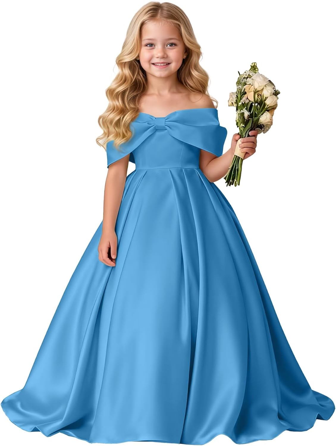 Off Shoulder Flower Girl Dress BowKnot Satin Wedding Formal